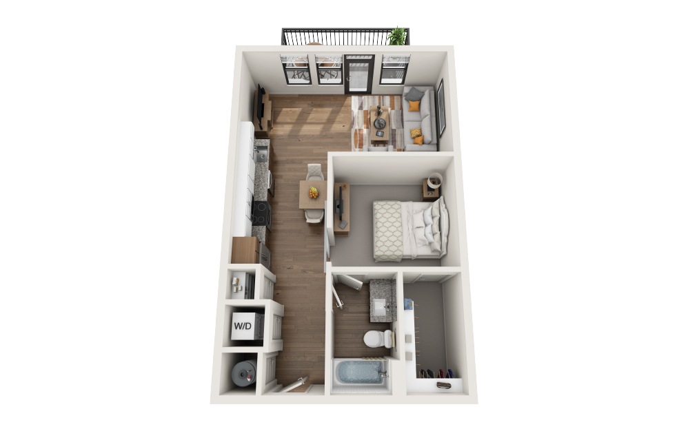 A1 - 1 bedroom floorplan layout with 1 bathroom and 652 square feet (3D)