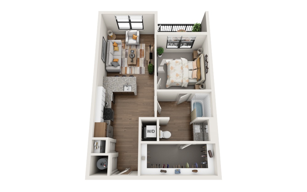 A2 - 1 bedroom floorplan layout with 1 bathroom and 714 square feet (3D)