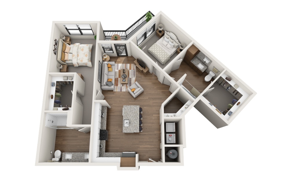 B1 - 2 bedroom floorplan layout with 2 bathrooms and 995 square feet (3D)