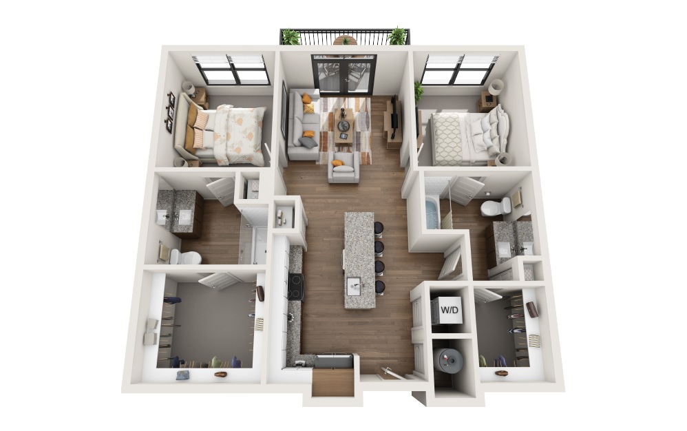 B2 - 2 bedroom floorplan layout with 2 bathrooms and 933 square feet (3D)