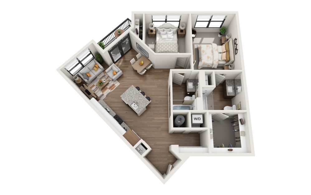 B3 - 2 bedroom floorplan layout with 2 bathrooms and 1021 square feet (3D)