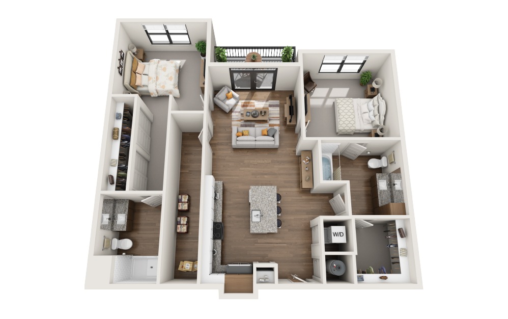 B4 - 2 bedroom floorplan layout with 2 bathrooms and 1038 square feet (3D)