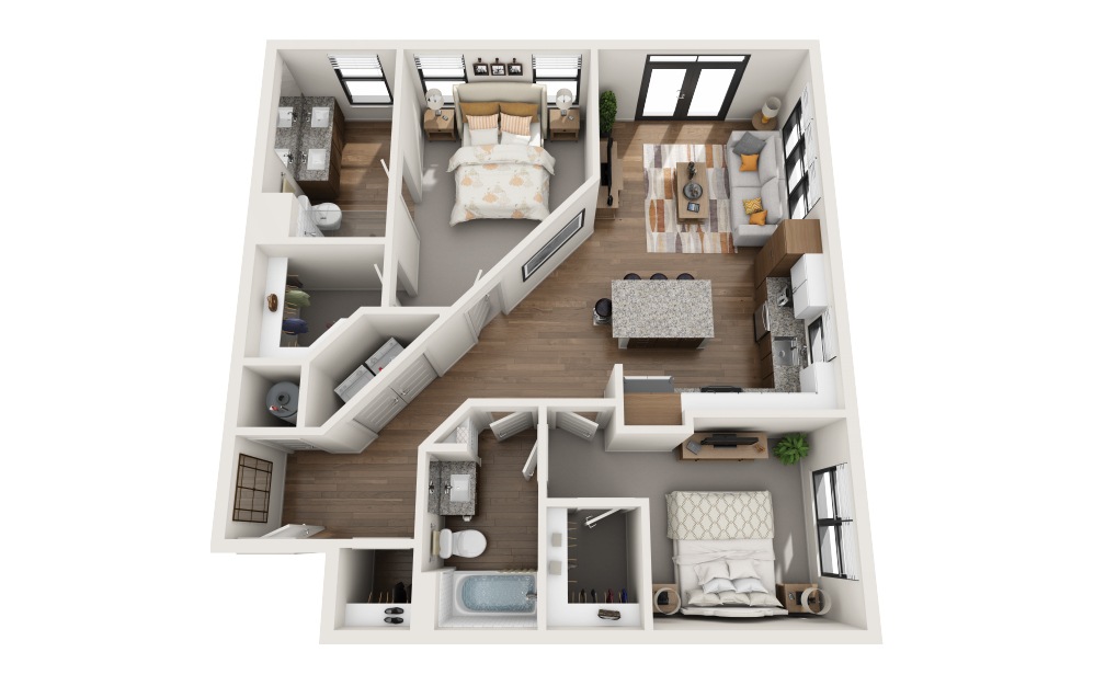 B5 - 2 bedroom floorplan layout with 2 bathrooms and 1038 square feet (3D)