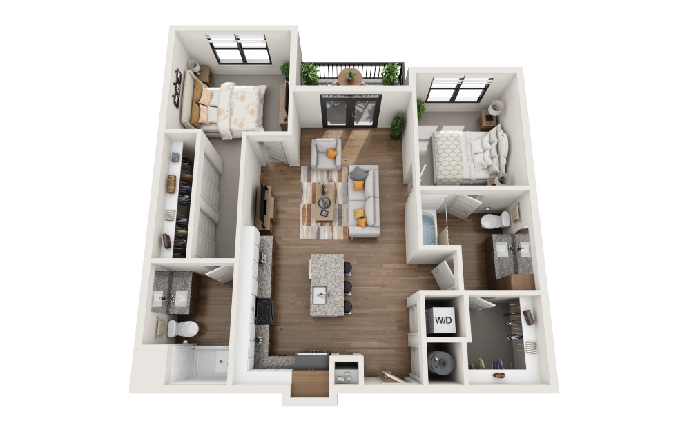 B6 - 2 bedroom floorplan layout with 2 bathrooms and 1042 square feet (3D)