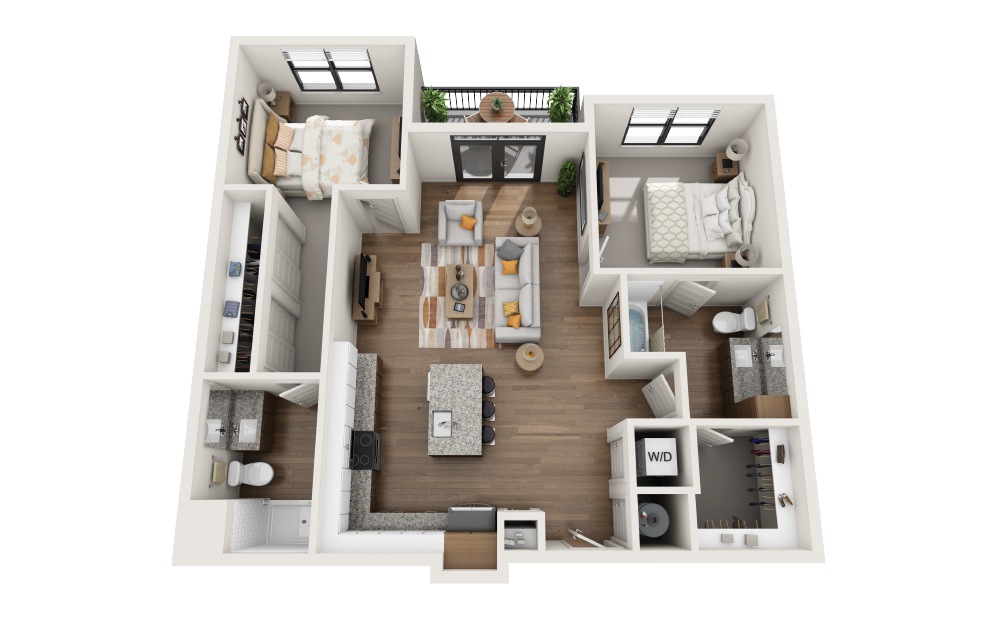 B7 - 2 bedroom floorplan layout with 2 bathrooms and 1111 square feet (3D)