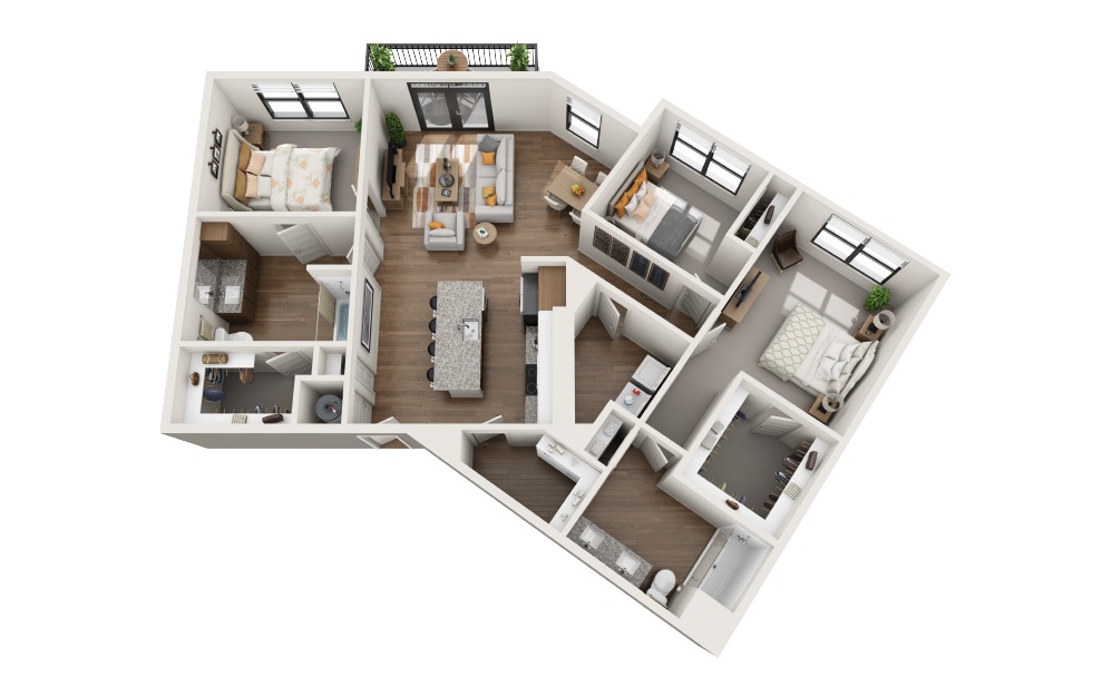 C1 - 3 bedroom floorplan layout with 2 bathrooms and 1524 square feet (3D)