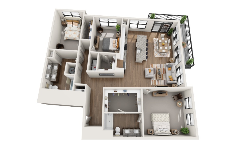 C2 - 3 bedroom floorplan layout with 2 bathrooms and 1662 square feet (3D)